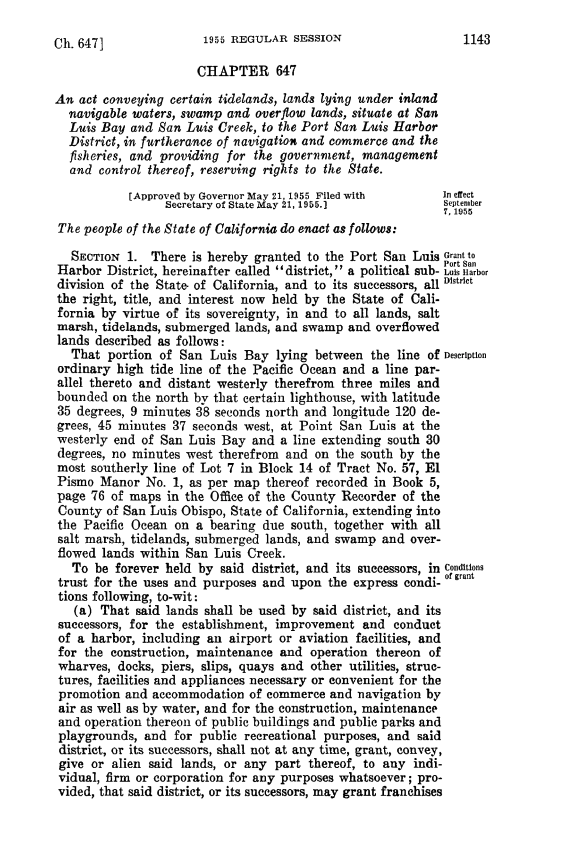 First page of the 1955 Cunningham-Shell Tidelands Act, California Statutes chapter 647.