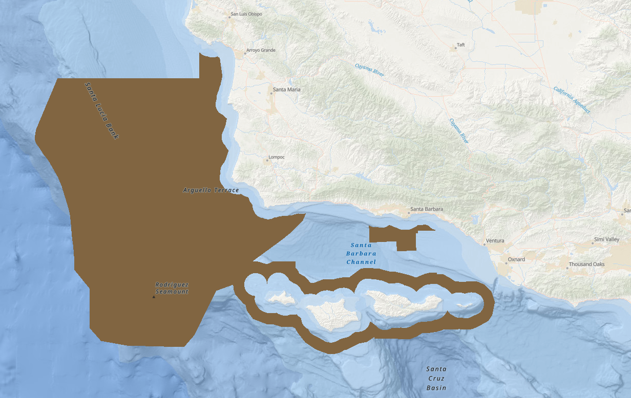 Map of federal outer continental shelf areas withdrawn from oil and gas leasing off California.